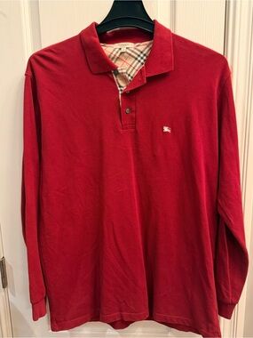 Burberry London Men's Red Long-Sleeve Polo Shirt. Size large